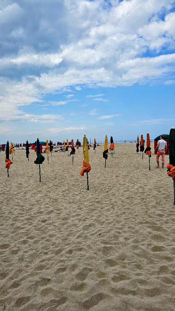 Guarda-sóis fechados espetados na areia da praia de Deauville