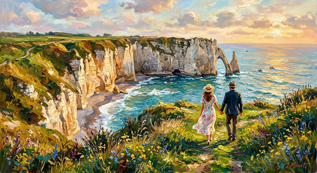 Ilustração inspirada nas pinturas impressionistas de Claude Monet, representando as falésias de Étretat ao pôr do sol, na Normandia.