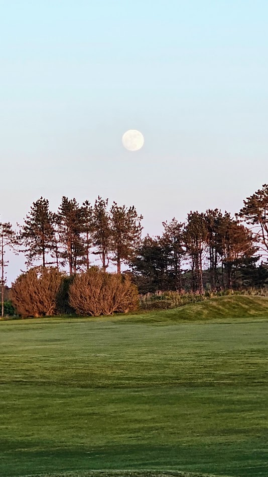Lua cheia sobre o campo de golfe junto às falésias de Étretat, ao anoitecer, na Normandia.